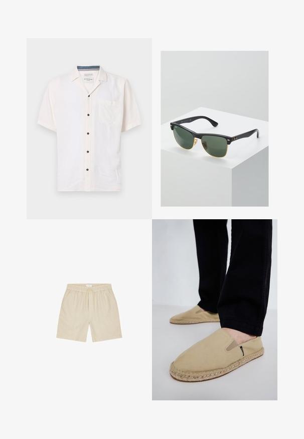 Košeľa s krátkym rukávom vyrobená z ľahkej látky, v off-white farbe, s náprsním vreckom a čiernymi gombíkmi na prednej lége.; Béžové krátke nohavice na voľný čas s elastickým pásom, šnúrkou a bočnými vreckami, položené na bielom pozadí.; Bežové plátěné nazúvacie topánky s elastickým vsadením, jutovou podrážkou a kontrastným šitím. Nosené s čiernymi zúženými nohavicami.; Slnečné okuliare Ray-Ban so zelenými sklami, čiernymi plastovými rámami a zlatými akcentami na okrajoch. Štvorcový tvar s matným povrchom.