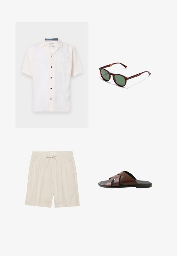Camisa de manga corta hecha de una tela ligera, en color blanco roto, con un bolsillo en el pecho y botones negros a lo largo del cierre frontal.; Shorts de lino beige con cintura elástica, cordón ajustable y bolsillos laterales. Ajuste holgado con pierna recta y dobladillo vuelto.; Sandalia deslizante de cuero marrón para hombre con correas cruzadas y suela negra, mostrada de perfil sobre fondo blanco.; Gafas de sol de carey marrón con montura redondeada, lentes verdes y brazos de patilla con patrón. Presenta el logo de la marca en un brazo.