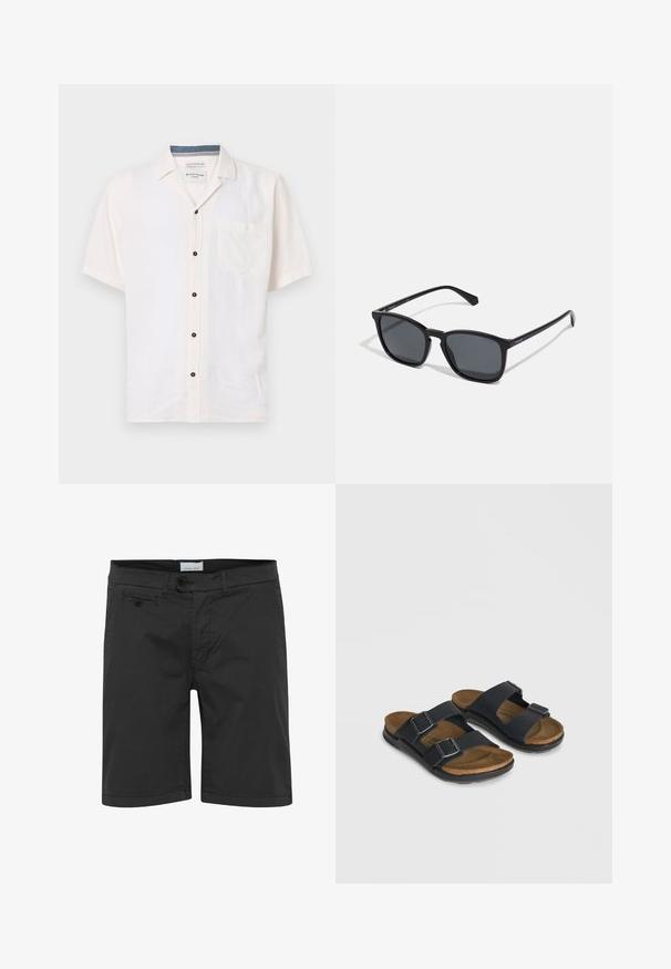 Kortærmet skjorte lavet af let stof, i off-white, med en brystlomme og sorte knapper langs fronten.; Sort, afslappede shorts med frontknaplukning, bæltestropper og en lille lomme med knap i højre side.; Par sorte sandaler med dobbelte remme med justerbare spænder, brun polstret fodseng og sort sål på en lys baggrund.; Sorte rektangulære solbriller med mørke linser, slanke plastikrammer og lige arme. Har et diskret logo på siden.