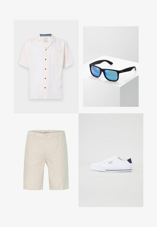 Košeľa s krátkym rukávom vyrobená z ľahkej látky, v off-white farbe, s náprsním vreckom a čiernymi gombíkmi na prednej lége.; Béžové ľanové šortky s plochým predným dielom, gombíkom v páse a bočnými vreckami. Tkanina má jemnú textúru a je až po kolená.; Biele plátené tenisky s námořníckou akcentovanou pätou, plochou gumovou podrážkou, okrúhlou špičkou a bielymi šnúrkami. Obsahujú logo na boku.; Čierne obdĺžnikové slnečné okuliare s modrými zrkadlovými sklami. Majú matný povrch a logo Ray-Ban na spánkoch.