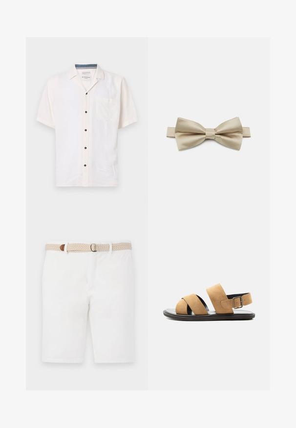 Camisa de manga corta hecha de una tela ligera, en color blanco roto, con un bolsillo en el pecho y botones negros a lo largo del cierre frontal.; Pantalones cortos de algodón blanco con un cinturón beige tejido y un acento marrón. Los pantalones cortos tienen un diseño limpio y una textura suave.; Sandalia de ante color marrón claro para hombre con dos tiras anchas, suela negra y correa ajustable con hebilla en el talón, mostrada sobre fondo blanco.; Pajarita de satén en beige claro, con una forma de mariposa clásica y un nudo central. Textura suave con un brillo sutil.