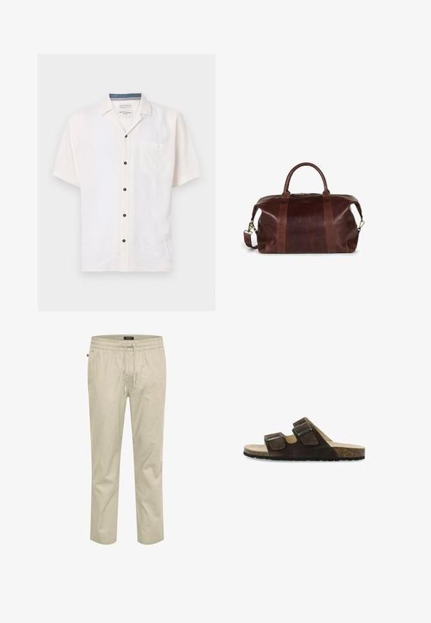 Kortærmet skjorte lavet af let stof, i off-white, med en brystlomme og sorte knapper langs fronten.; Beige afslappede bukser med elastisk taljebånd og snøre, lige ben-snit, letvægtsstof og lille sideetiket på ensfarvet baggrund.; Brune ruskindssandaler med to justerbare stropper, en korkindlægssål og en struktureret sort gummisål. Flad design for nem brug.; Brun læder rejsetaske med dobbelte håndtag, en aftagelig skulderrem og lynlås lukning. Tekstureret overflade med kontrastfarver.