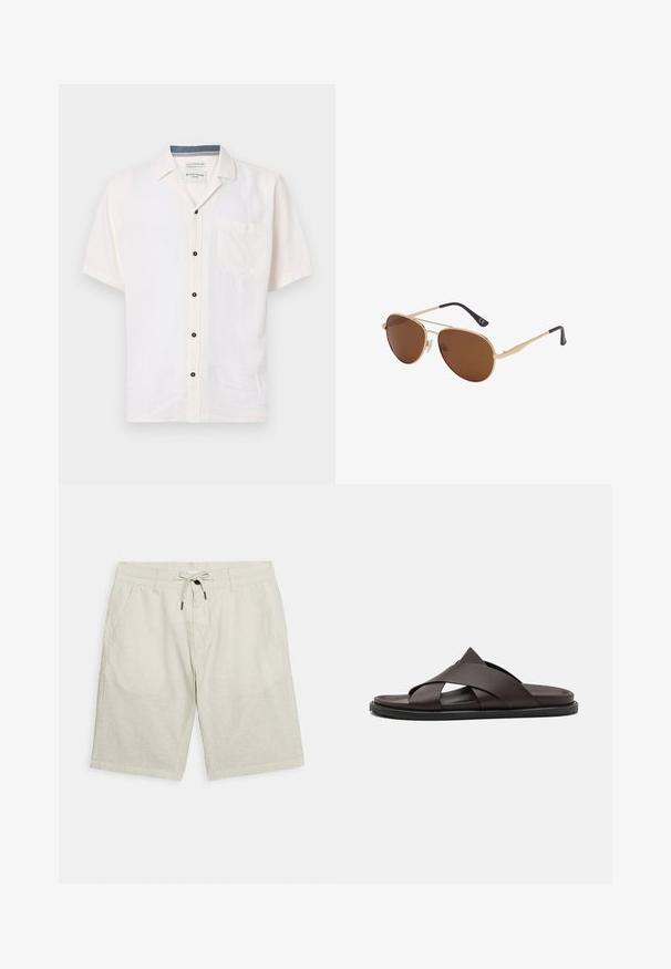 Korte mouwen shirt gemaakt van lichte stof, in off-white, met een borstzak en zwarte knopen langs de voorknoping.; Linnen shorts in licht beige met een elastische tailleband en koord, voorzien van zijzakken en een relaxed fit.; Stuart Weitzman BERKLEY - Muiltjes - espresso; Gouden metalen aviator-zonnebril met bruin getinte glazen en zwarte met plastic bedekte pootjes op een witte achtergrond.