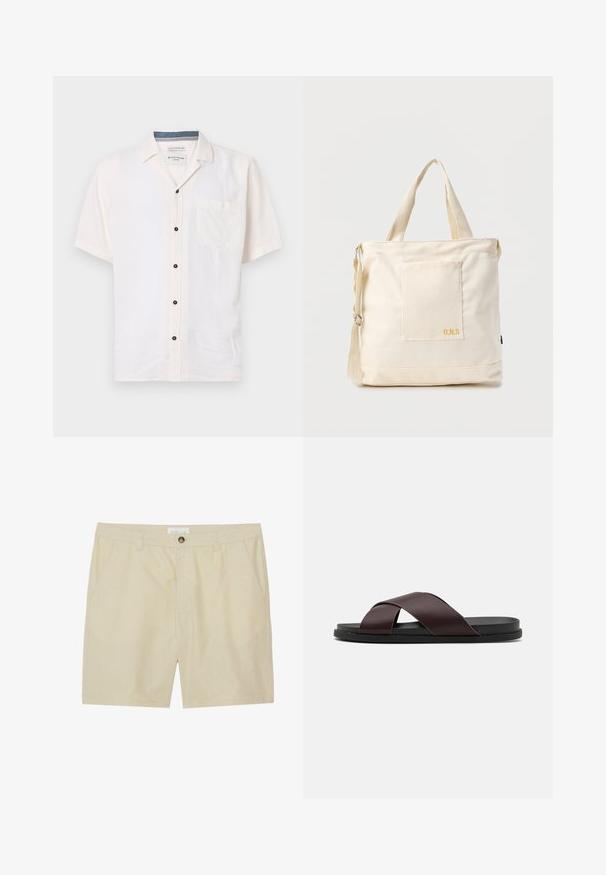 Košeľa s krátkym rukávom vyrobená z ľahkej látky, v off-white farbe, s náprsním vreckom a čiernymi gombíkmi na prednej lége.; Béžové šortky vyrobené z ľahkého materiálu, s plochým predným dielom, bočnými vreckami a jedným gombíkom na zapínanie v oblasti pásu.; Hnedé sandále s krížovými popruhmi a matným povrchom, plochou čiernou podrážkou a hladkou textúrou. Minimalistický dizajn bez viditeľného hardvéru.; Krémová plátenná taška typu tote s predným vreckom, dvoma rukoväťami, nastaviteľným ramenným popruhom a malým žltým nápisom "O.N.S" v dolnom pravom rohu vrecka.