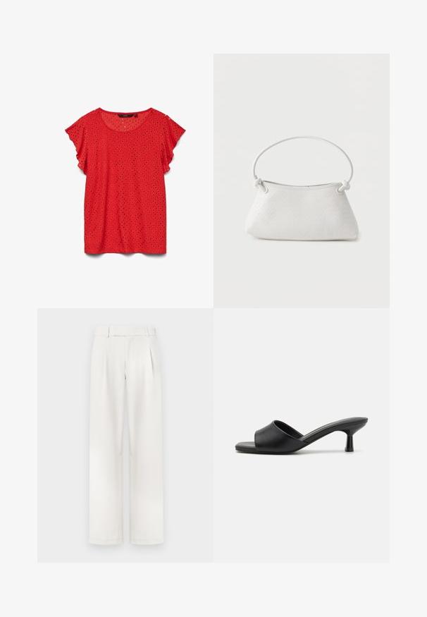 Blouse rouge à manches courtes avec détails en dentelle ajourée en motif losange et encolure arrondie, présentée sur fond blanc.; Pantalons larges de couleur crème avec un devant plat, des plis et une texture de tissu lisse. Conçus avec des passants de ceinture et des ourlets ajustés.; Sandales noires à glisser avec une tige en cuir lisse, bout ouvert et un petit talon brillant. Design minimaliste avec une forme incurvée et une finition épurée.; Sac à main en cuir tressé blanc avec poignée arrondie et extrémités de lanière nouées, présenté sur un fond uni.