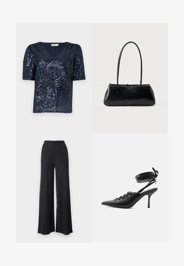 Top de cuello en V de manga corta en azul marino, cubierto de lentejuelas con un patrón texturizado, que presenta un corte holgado y mangas ligeramente abullonadas.; Pantalones anchos negros hechos de un material suave y elástico con un brillo sutil, que cuentan con una cinturilla elástica y un ajuste holgado.; Zapato de tacón alto negro con punta puntiaguda, con cordones en la parte delantera y correas que rodean el tobillo atadas con un lazo, mostrado de lado sobre un fondo blanco.; Bolso de hombro rectangular negro con correas largas y delgadas y una textura lisa y brillante sobre un fondo liso.