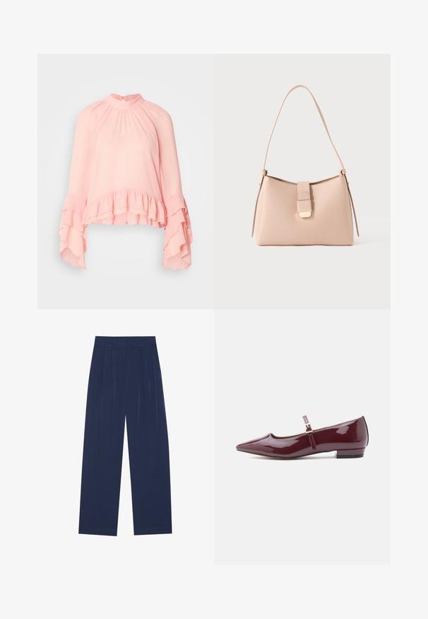 Blouse rose clair en tissu doux, avec un col montant, de longues manches froncées et un ourlet à volants à plusieurs niveaux.; Pantalons larges bleu marine en tissu doux, dotés de pliures à l'avant, d'une texture lisse et d'une coupe droite sans poches visibles.; Ballerines vernies bordeaux avec un bout pointu, un talon plat et une bride avec un petit détail de boucle.; Sac à main rose clair avec une forme incurvée, fabriqué en matériau texturé. Doté d'une sangle plate et d'un détail de fermeture à rabat dorée sur le devant.