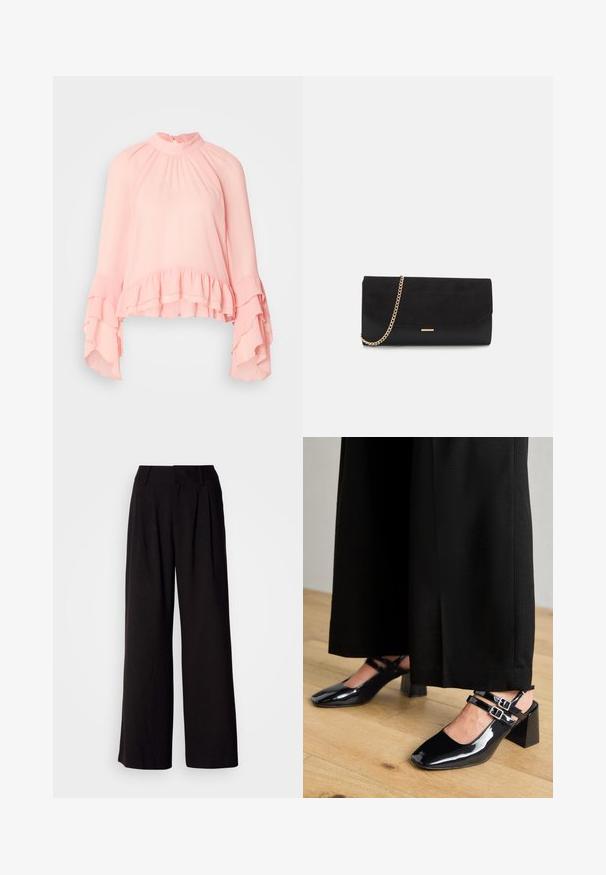 Blouse rose clair en tissu doux, avec un col montant, de longues manches froncées et un ourlet à volants à plusieurs niveaux.; Pantalon large noir en tissu lisse, avec des plis à l'avant, une taille ajustée, et sans motifs ni accents visibles.; Chaussures slingback en cuir verni noir avec bouts carrés, dotées de double brides ajustables à la cheville et de talons blocs. Fini lisse et brillant.; Porte-monnaie noir en daim avec une finition texturée, doté d'une chaîne dorée et d'un design épuré et angulaire.