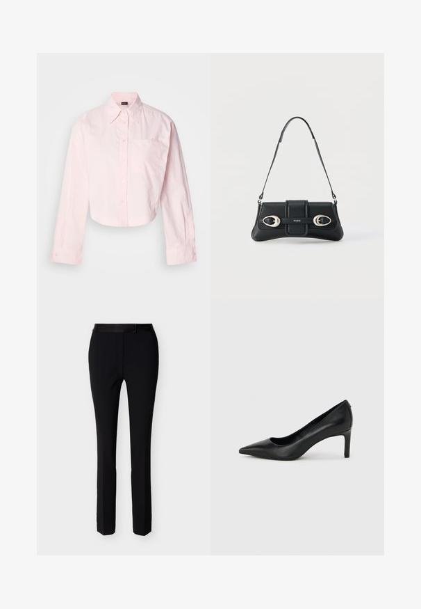 Camisa de botones de manga larga en color rosa claro, con un bolsillo en el pecho y detalles bordados en el bolsillo. Hecha de tela de algodón.; Pantalones formales ajustados de color negro con cremallera frontal y pretina, diseñados para un look entallado y elegante.; Zapato de salón negro de piel con punta afilada y tacón delgado de altura media sobre un fondo liso de color gris claro.; Bolso de hombro de cuero negro con dos hebillas plateadas y correa ajustable, con el logo "HUGO" en el centro frontal.