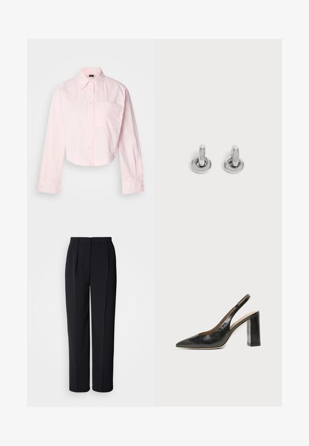 Camisa de botones de manga larga en color rosa claro, con un bolsillo en el pecho y detalles bordados en el bolsillo. Hecha de tela de algodón.; Pantalones negros de corte recto a medida, con pliegues delanteros, trabillas para cinturón y cierre delantero oculto sobre un fondo blanco.; Zapato slingback de piel negra con puntera puntiaguda, tacón alto y ancho, y forro interior beige sobre un fondo claro y liso.; Par de pequeños pendientes de aro plateados brillantes con base redonda, exhibidos sobre un fondo claro y liso.