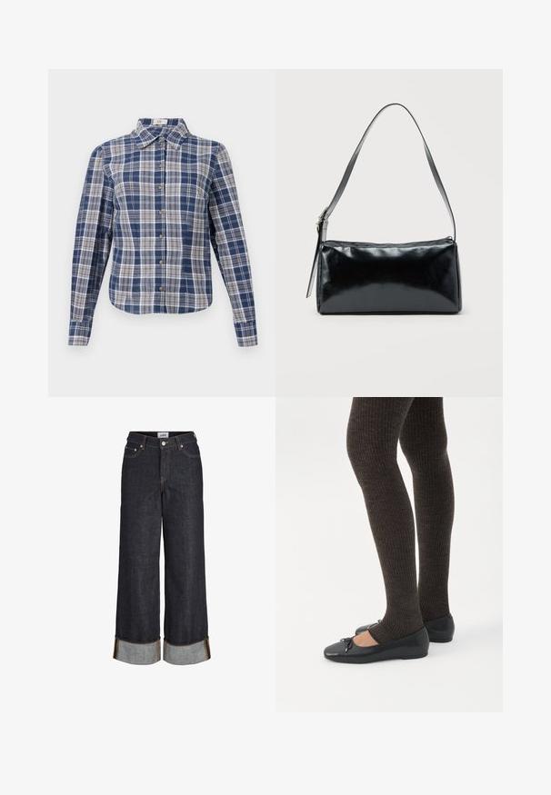 Camisa de botón de manga larga a cuadros en azul y blanco con cuello y botones marrones, exhibida plana sobre un fondo blanco.; Vaqueros azul oscuro de pierna ancha con dobladillos remangados, cinco bolsillos y costuras en contraste de color amarillo.; Piernas con leggings oscuros acanalados combinados con bailarinas negras que presentan pequeños detalles de lazo sobre un fondo blanco.; Bolso de hombro rectangular negro con una correa ajustable y un cierre de cremallera superior sobre un fondo liso.