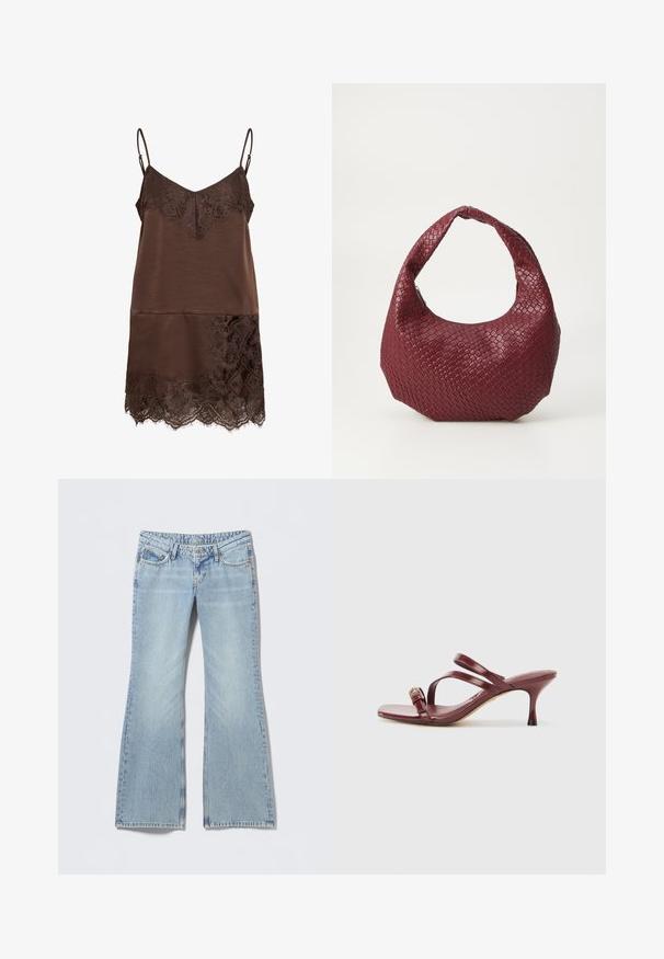 Robe nuisette en satin marron avec bordure en dentelle au niveau du décolleté et de l'ourlet, avec fines bretelles ajustables.; Jean évasé bleu clair avec une finition délavée, design à cinq poches et surpiqûres contrastées. Denim en coton avec une texture lisse.; Sandales à talons hauts en cuir verni bourgogne avec un bout carré, deux fines lanières et une boucle dorée décorative sur le côté.; Sac à main tissé bordeaux avec une silhouette arrondie, une seule poignée et une finition texturée. Fermeture zippée en haut.