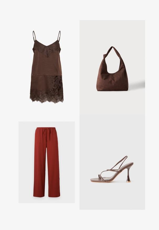 Robe nuisette en satin marron avec bordure en dentelle au niveau du décolleté et de l'ourlet, avec fines bretelles ajustables.; Pantalon à jambes larges rouille avec taille élastique et cordon ajustable, fabriqué en tissu léger.; Sandale à talon haut marron à brides, avec un bout carré, des brides élégantes, une finition brillante et un talon courbé distinct.; Sac à main en tissu marron texturé avec une seule anse nouée, présenté sur un fond clair uni.