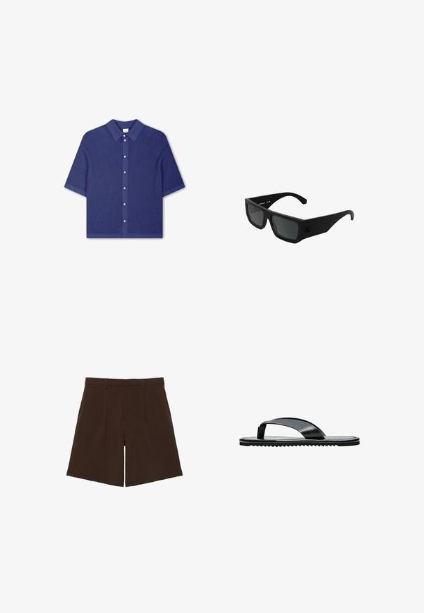 Kurzes, kragenloses Hemd in tiefem Marineblau, mit einem strukturierten Gewebemuster und einer Knopfleiste mit runden, silberfarbenen Knöpfen.; Dunkelbraune, knielange, maßgeschneiderte Shorts mit Gürtelschlaufen und vorderen Falten, flach auf weißem Hintergrund präsentiert.; Schwarze flache Flip-Flop Sandale mit breitem Zehenriemen und strukturierter Sohle, seitlich auf weißem Hintergrund dargestellt.; Schwarze, rechteckige Sonnenbrille mit dunklen Gläsern, matter Oberfläche, dicken Bügeln und dezentem Logodetail an der Seite. Betont ein mutiges, modernes Design.