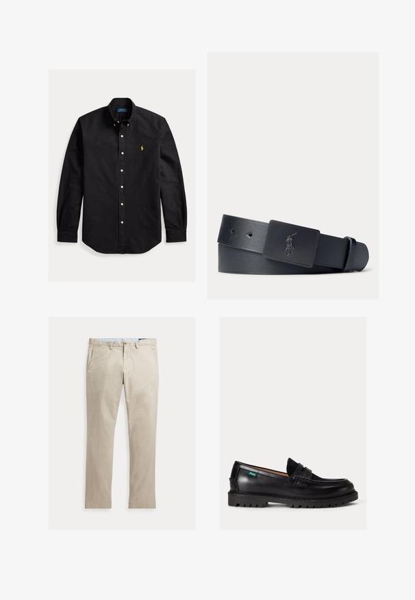 Schwarzes, langärmliges Hemd mit Knopfleiste, knöpfbarem Kragen und kleinem gelbem Polo Ralph Lauren-Logo auf der linken Brust.; Beige Baumwollhose mit geradem Bein, Fronttaschen, Gürtelschlaufen, Knopfverschluss und Reißverschluss, flach auf weißem Hintergrund dargestellt.; Schwarzer Lederloafer mit dicker Sohle, abgerundeter Spitze und grünem Polo-Logo-Label an der Seite.; Schwarzer Ledergürtel mit einer schwarzen, rechteckigen Schnalle mit eingeprägtem Polo-Spieler-Logo.