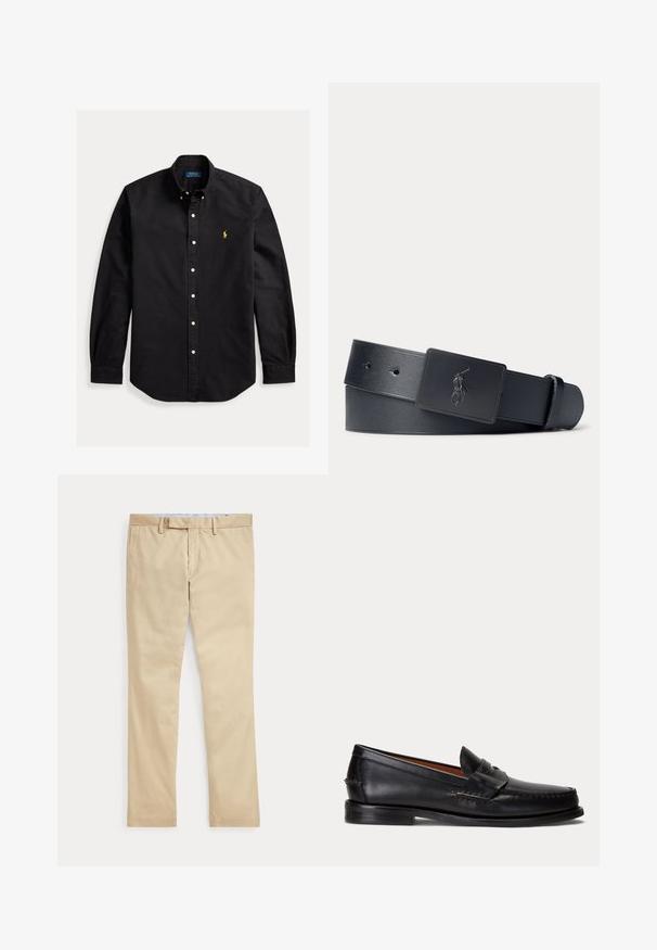 Schwarzes, langärmliges Hemd mit Knopfleiste, knöpfbarem Kragen und kleinem gelbem Polo Ralph Lauren-Logo auf der linken Brust.; Beige gerade Hose mit Gürtelschlaufen und einem vorderen Reißverschluss, flach auf weißem Hintergrund gelegt.; Schwarzer Lederloafer mit niedrigem Absatz und Pennyriemendetail, von der Seite auf hellgrauem Hintergrund gezeigt.; Schwarzer Ledergürtel mit einer schwarzen, rechteckigen Schnalle mit eingeprägtem Polo-Spieler-Logo.