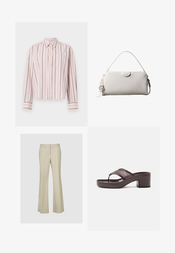 Chemise rayée rose clair avec des lignes verticales vertes et jaunes, fermeture à boutons, et manches longues avec des poignets contrastants.; Pantalons évasés beiges en tissu lisse, avec une taille mi-haute, des détails de coutures et sans matériel ni motifs visibles.; Sandale marron à talon avec lanière en mesh et design en tige, dotée d'un talon bloc et d'une semelle cousue, présentée de profil sur fond blanc.; Sac à main rectangulaire blanc Calvin Klein avec une seule poignée, design minimaliste et pampilles décoratives avec un charm métallique géométrique sur le côté.