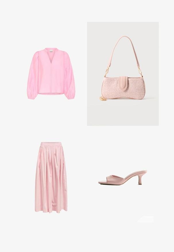 Roze blouse met lange, uitlopende mouwen en een V-hals. Gemaakt van lichtgewicht stof met een gladde textuur en een ontspannen pasvorm.; Lichtroze lange rok met geplooide plooien en een aangesloten tailleband, vloeiende stof en middenlange lengte.; Open teen roze leren mule met een lage, slanke middenhak en licht gevoerde binnenzool.; Kleine rechthoekige roze tweed handtas met bijpassende band, leren klep sluiting en gouden kettingdetail op een lichte achtergrond.