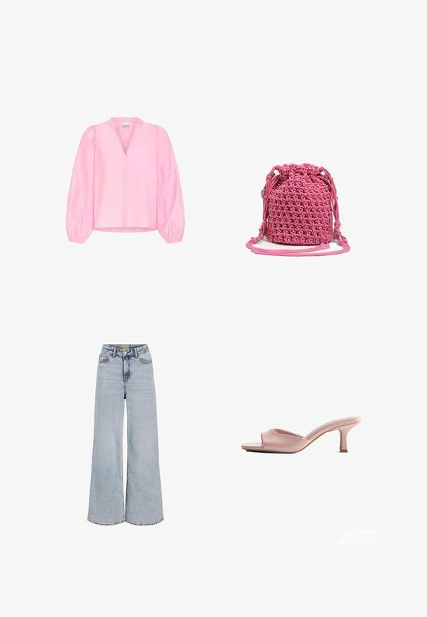 Roze blouse met lange, uitlopende mouwen en een V-hals. Gemaakt van lichtgewicht stof met een gladde textuur en een ontspannen pasvorm.; Lichtblauwe wijde jeans gemaakt van denim. Hoog op de taille, met een knoopsluiting, en heeft een subtiele gewassen textuur en vijf zakken.; Open teen roze leren mule met een lage, slanke middenhak en licht gevoerde binnenzool.; Roze gevlochten bucketbag met trekkoord, een lange riem en zilverkleurige ringaccenten op een witte achtergrond.