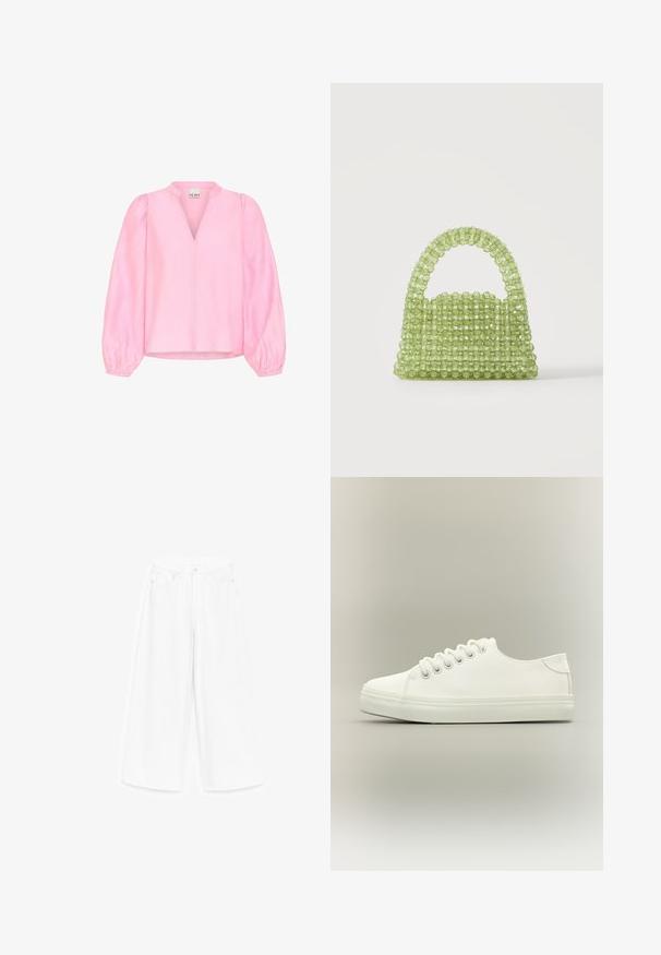 Blouse rose avec de longues manches bouffantes et un décolleté en V. Fabriquée en tissu léger avec une texture lisse et une coupe décontractée.; Pantalon en denim blanc à jambes larges avec fermeture à bouton et zip devant, passants pour ceinture et design cinq poches.; Baskets basses blanches avec lacets blancs et semelle en caoutchouc, vues de côté sur un fond neutre.; Petit sac à main vert en perles rondes translucides avec une anse perlée sur un fond blanc uni.