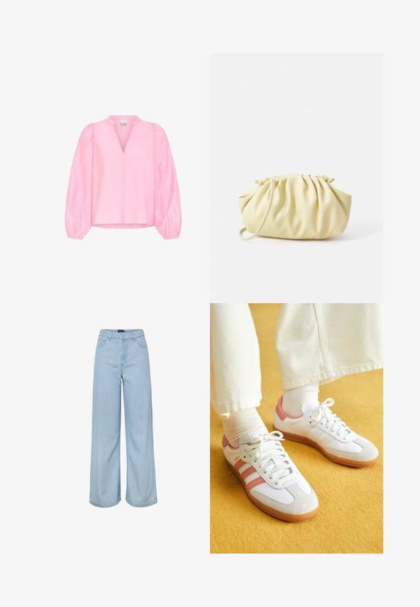 Roze blouse met lange, uitlopende mouwen en een V-hals. Gemaakt van lichtgewicht stof met een gladde textuur en een ontspannen pasvorm.; Lichtblauwe, hooggetailleerde, wijde jeans met voorzakken, riemlussen en een knoopsluiting van het merk Pieces.; Witte sportschoenen met roze accenten, gemaakt van suede en leer, met een ronde neus en een rubberen zool, weergegeven met lichtgekleurde sokken op een gele achtergrond.; Geel geplooide handtas van soepel nepleer, met een zachte vorm, een enkele schouderriem en een verzameld ontwerp aan de bovenkant.
