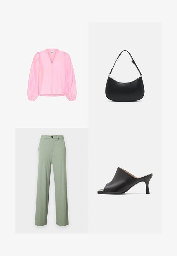 Roze blouse met lange, uitlopende mouwen en een V-hals. Gemaakt van lichtgewicht stof met een gladde textuur en een ontspannen pasvorm.; Lichtgroene rechte broek met riemlussen, zijzakken en een knoopsluiting in de tailleband.; Selected ASHLEY - Muiltjes met hak - black; Pieces PCALUANA SHOULDER BAG - Handtas - black
