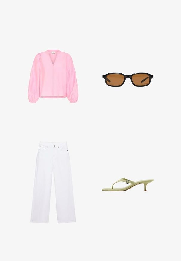 Blouse rose avec de longues manches bouffantes et un décolleté en V. Fabriquée en tissu léger avec une texture lisse et une coupe décontractée.; Jean blanc taille haute à jambes larges avec fermeture à boutons et zip, poches avant et arrière, et détails en rivets argentés.; Sandale à lanière vert clair à talon kitten avec une boucle argentée sur la bride latérale, vue de côté sur fond blanc.; Lunettes de soleil rectangulaires noires avec des montures épaisses et des verres teintés marron, vues de face sur un fond blanc.