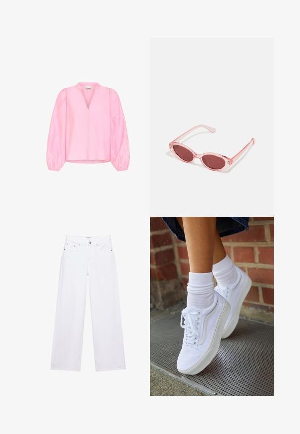 Roze blouse met lange, uitlopende mouwen en een V-hals. Gemaakt van lichtgewicht stof met een gladde textuur en een ontspannen pasvorm.; Witte jeans met hoge taille en wijde pijpen, voorzien van knoop- en ritssluiting, voor- en achterzakken, en zilverkleurige klinknageldetails.; Witte canvas sneakers met rubberen zolen, voorzien van zes vetertjes, een ronde neus en lichte stikdetails, gecombineerd met witte enkelsokken.; Roze transparante zonnebril met ovale lenzen, donkerrode tint en slanke pootjes, met een gladde afwerking en subtiele details op het frame.