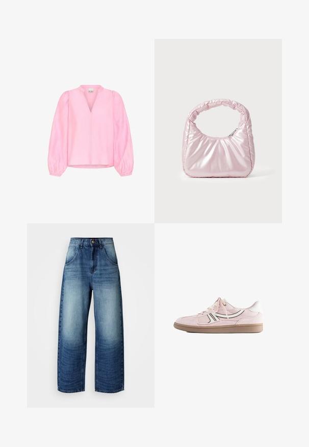 Roze blouse met lange, uitlopende mouwen en een V-hals. Gemaakt van lichtgewicht stof met een gladde textuur en een ontspannen pasvorm.; Brede blauwe denim jeans met een lichte naar donkere gradient. Voorzien van voorzakken en een klassieke knoopsluiting. Gladde textuur, relaxte pasvorm.; Lichtroze suède sneaker met witte en zwarte zijstrepen, witte veters, witte hieltab en bruine rubberen zool op witte achtergrond.; Roze, gevoerde handtas met een afgeronde vorm, gemaakt van glanzend materiaal. Beschikt over een geplooide handgreep en een ritssluiting voor veilige toegang.