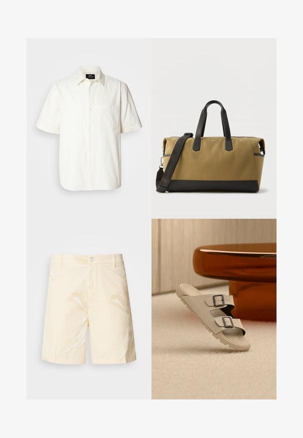 Chemise à manches courtes, boutonnée, en tissu blanc cassé avec une poche sur la poitrine gauche et un col classique. Texture lisse.; Shorts en coton de couleur jaune pâle avec un motif floral. Dotés d'une fermeture à bouton, de poches avant et d'une coupe droite avec des bords ourlés.; Sandale beige avec deux boucles noires en équilibre sur un sol blanc texturé, devant une table ronde et brillante couleur ambre, dans une pièce minimaliste.; Grand sac de sport marron clair et noir avec poignées en cuir noir et bandoulière amovible, forme rectangulaire, logo BOSS sur le devant.