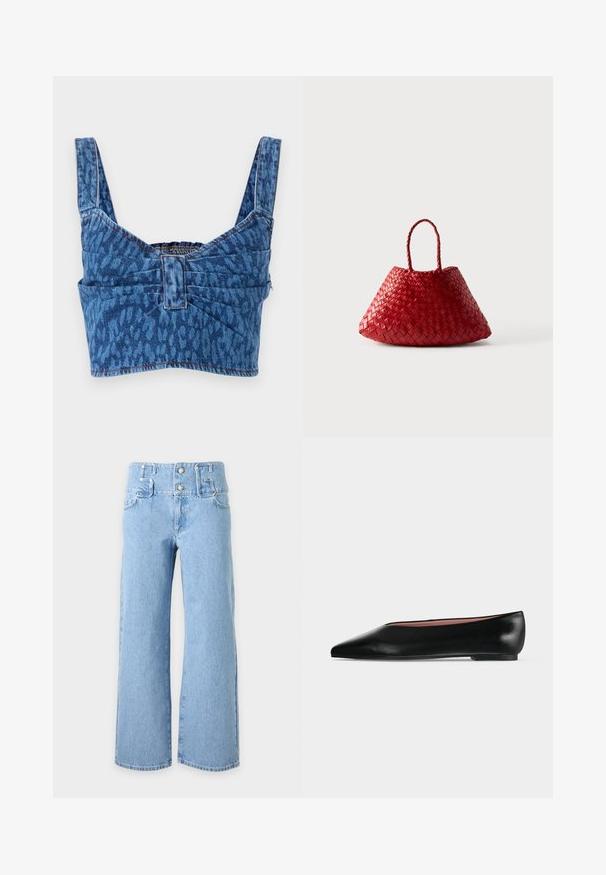 Denim-Crop-Top mit breiten Trägern, versehen mit einem blauen Tiermotiv, gerafftem Rücken und sichtbaren Nähten entlang der Kanten.; Hellblaue, hochgeschnittene Jeans mit weitem Bein, Fronttaschen, doppeltem Knopfverschluss und Gürtelschlaufen.; Schwarzer flacher Damenleder-Schuh mit spitzer Kappe und niedrigem Absatz, von der Seite auf einfarbigem hellgrauem Hintergrund gezeigt.; Rote gewebte Lederhandtasche mit abgerundeter, dreieckiger Form und zwei geflochtenen Griffen auf weißem Hintergrund.