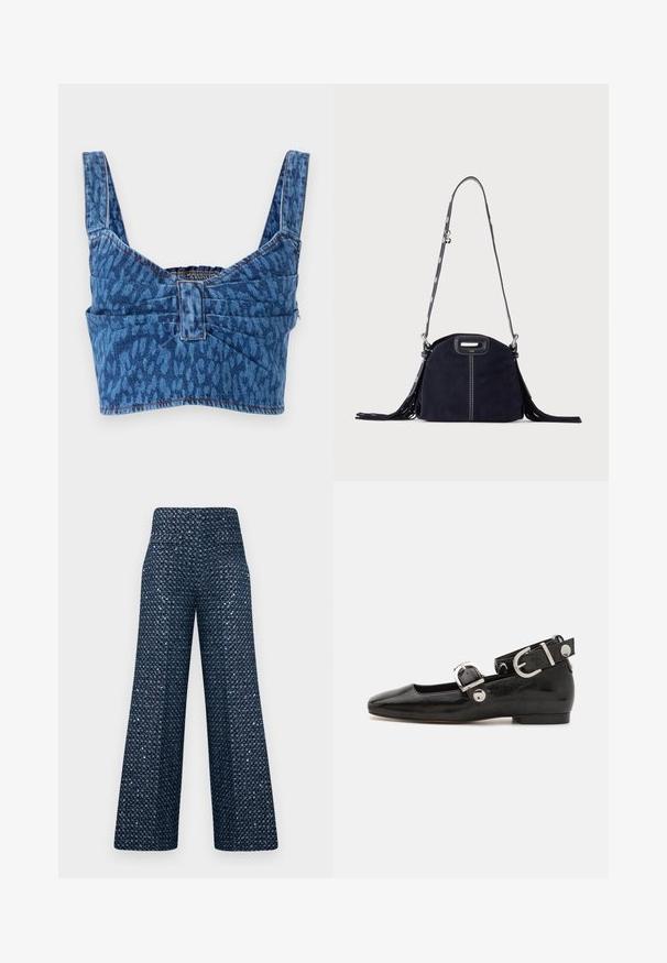 Denim crop top med brede stropper, prydet med et blåt dyreprint, med en synlig ryg og synlig søm langs kanterne.; Højtaljede bukser med vide ben i marineblåt stof dækket af tætte sølvsequins, der skaber en glitrende effekt.; Sorte patenteret lædersko med firkantet tå, ankelrem med sølvhardware og flad sål. Glat tekstur med minimalistisk design.; Mørkeblå ruskindstaske med hvide syninger, et udskåret håndtag, mønstret skulderrem og lange frynser på begge sider.