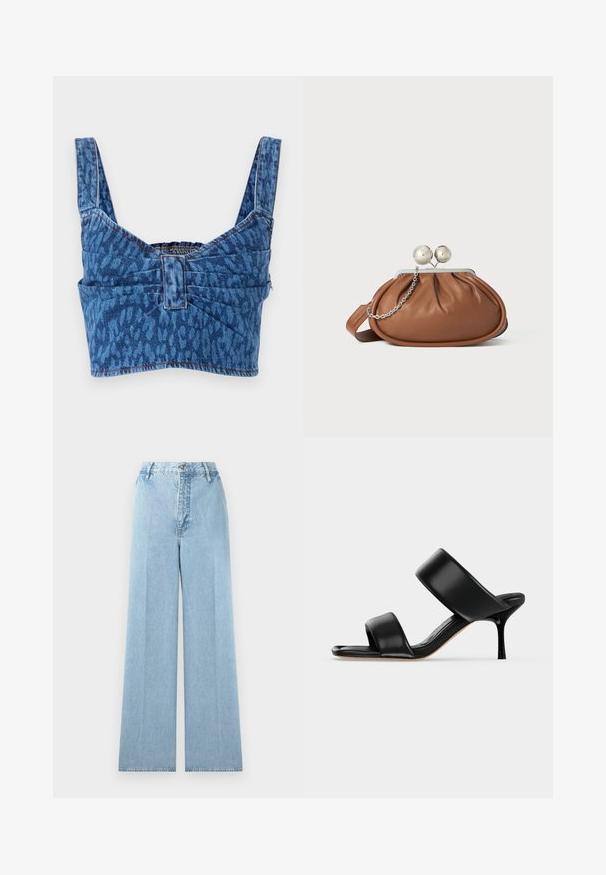 Denim crop top with wide straps, featuring a blue animal print pattern, cinched back, and exposed stitching along the edges.; Light blue wide-leg jeans made of denim with a high waist, featuring five belt loops, a front button closure, and stitched seams.; Black leather mule sandal with two wide straps and a slender mid-height stiletto heel on a plain light background.; Brown leather clutch purse with silver ball clasp and a small silver chain detail on a white background.