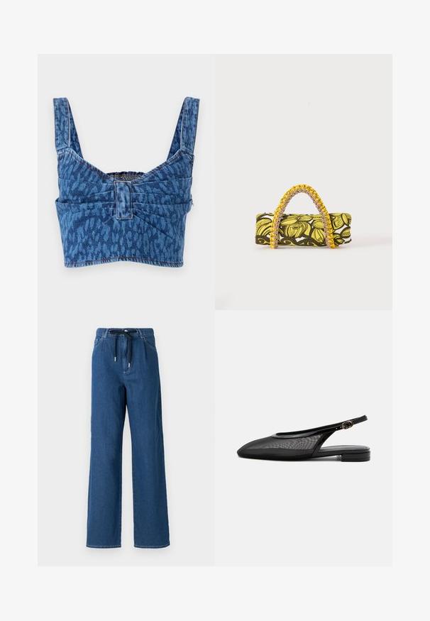 Denim crop top med brede stropper, prydet med et blåt dyreprint, med en synlig ryg og synlig søm langs kanterne.; Bredde ben mørkeblå denimbukser med snoreliv og forlommer. Stofmet har en glat tekstur med subtile syninger.; Sort slingback flad sko med spids tå, mesh overdel, justerbar spænde rem og lav stablet hæl på hvid baggrund.; Rektangulær taske med gult og sort blomsterprint og flettet gul og pink hank på hvid baggrund.