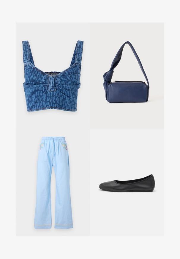 Τζιν crop top με φαρδιές τιράντες, διακοσμημένο με μπλε σχέδιο ζώου, με σούρα στην πλάτη και εκτεθειμένες ραφές κατά μήκος των άκρων.; Ανοιχτό μπλε βαμβακερό παντελόνι με ελαστική μέση, που διαθέτει λουλουδάτη κεντημένη διακόσμηση μπροστά και αντίθετες ραφές στις άκρες.; Μαύρο δερμάτινο μπαλαρίνι με στρογγυλή μύτη, λεία υφή, ελάχιστες λεπτομέρειες ραφής και σχεδίαση ευέλικτης σόλας.; Σκούρο μπλε ορθογώνια δερμάτινη τσάντα ώμου με μαλακό, δεμένο λουράκι και φερμουάρ στο πάνω μέρος, εμφανίζεται σε απλό φόντο.