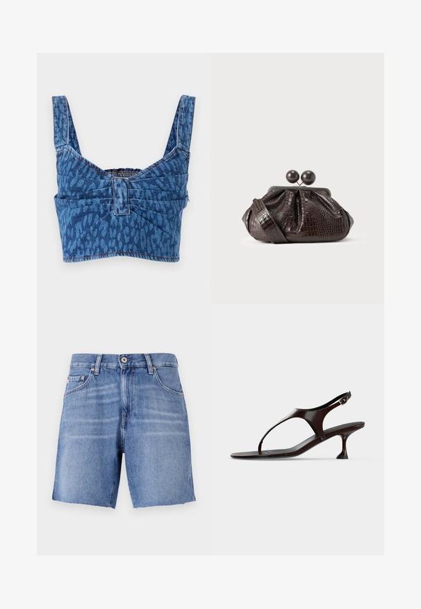 Denim crop toppi leveillä olkaimilla, jossa on sininen eläinkuosinen kuvio, nyöritetty selkä ja paljaat saumat reunoilla.; Vaaleansiniset farkkushortsit suorella leikkauksella, repaleisella helmalla, viidellä taskulla ja metallinappikiinnityksellä. Kangas on sileäpintaista ja siinä on lievää haalistumista.; Tummanruskea kiiltävä nahkainen slingback-sandaali, jossa matala korko ja varvassandaalin remmi valkoisella taustalla.; Ruskea krokotiilinalkuinen nahkaoletti kokoonpuristetulla designilla, jossa metallinen kissalukko ja kaksi pyöreää puista sulkijaa.