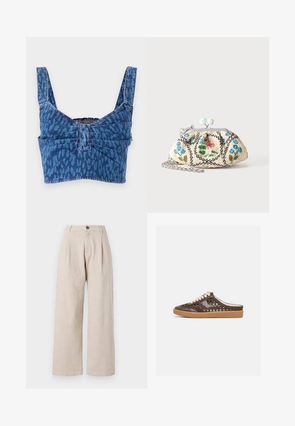 Denim crop top med brede stropper, prydet med et blåt dyreprint, med en synlig ryg og synlig søm langs kanterne.; Beige vidde bukser med høj talje, frontfolder, enkelt knaplukning og en glat stofftekstur.; Brun flettet læder slip-on sneaker med hvide snørebånd og tanfarvet gummisål, vist i profil på en ensfarvet lys baggrund.; Lille stofpung med blomsterperlebroderi, metalramme og sølvkæde på en ensartet lys baggrund.