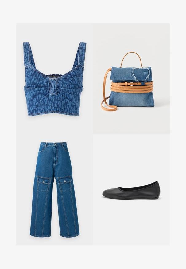 Denim crop top med brede stropper, prydet med et blåt dyreprint, med en synlig ryg og synlig søm langs kanterne.; VIDE-lags denim bukser i lyseblå, med høj talje, synlige sømme og to lommer med klap og knap på hver side.; Sort læderballetsko med rund tå, glat tekstur, minimal syning og et fleksibelt såldesign.; Lille blå denimhåndtaske med tan læderstropper og bælte detaljer, med en frynset hjerteformet lap på klappen.