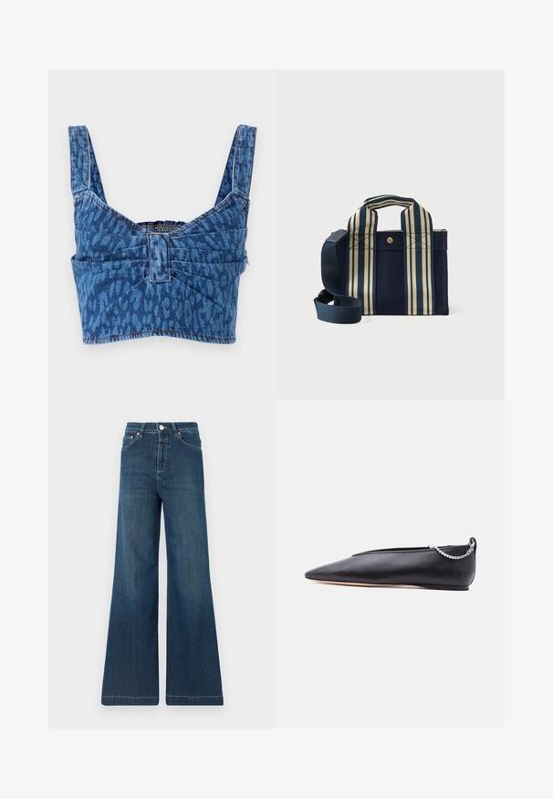 Denim-Crop-Top mit breiten Trägern, versehen mit einem blauen Tiermotiv, gerafftem Rücken und sichtbaren Nähten entlang der Kanten.; Weit geschnittene Jeans aus dunkelblauem Denim, mit hoher Taille, kupferfarbenen Details und subtilen Verwaschungen. Sauberer Saum ohne zusätzliche Muster.; Schwarzer, spitzer flacher Schuh aus Leder mit niedrigem Absatz und silberner Kettendetail am Hinterteil vor neutralem Hintergrund.; Kleine marineblaue Tragetasche mit breiten vertikalen cremefarbenen und marineblauen gestreiften Griffen sowie einem verstellbaren marineblauen Schulterriemen, vor weißem Hintergrund.