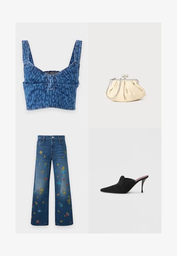 Τζιν crop top με φαρδιές τιράντες, διακοσμημένο με μπλε σχέδιο ζώου, με σούρα στην πλάτη και εκτεθειμένες ραφές κατά μήκος των άκρων.; Μπλε τζιν παντελόνι με φαρδύ πόδι, διακοσμημένο με πολύχρωμα κεντημένα λουλουδάτα σχέδια διάσπαρτα μπροστά και πίσω.; Μαύρο mule με ψηλό τακούνι, με μυτερή μύτη, μαλακό ύφασμα με ρυτιδωτή υφή στο μπροστινό μέρος και λεπτό στιλέτο τακούνι.; Πτυχωτό μπεζ δερμάτινο τσαντάκι με ασημένιο μεταλλικό πλαίσιο, διαθέτοντας δύο στρογγυλούς διακοσμητικούς κλειστές και μια ασημένια αλυσίδα.