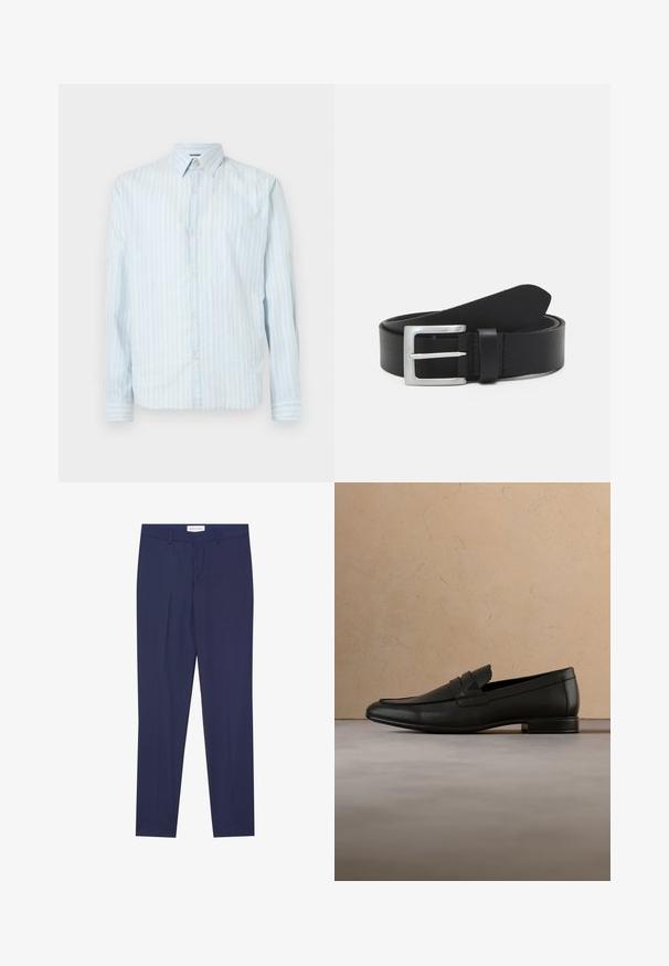 Hellblaues Button-up-Hemd mit weißen vertikalen Streifen, klassischem Kragen, langen Ärmeln und zwei Knopfakzenten an den Ärmeln.; Marineblau Anzughose aus glattem Stoff, mit geradem Bund, zwei Seiten- und einem Reißverschluss, sowie einem schlichten Saum ohne Muster oder Akzente.; Schwarzer Lederloafer schwebt über einem beigen Teppich mit beigem Sofa in einem minimalistischen Innenraum.; Schwarzer Leder Gürtel mit glatter Textur, silberner rechteckiger Schnalle und einer Schlaufe für das Ende. Verfügt über eine saubere Naht entlang der Kanten.