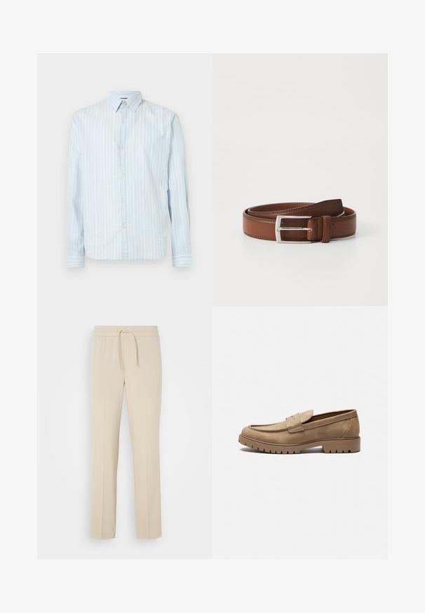 Lichtblauwe overhemdd met witte verticale strepen, klassieke kraag, lange mouwen en twee knoopaccenten op de mouwen.; Beige, elastische broek met een trekkoord in de taille. Heeft rechte pijpen en een zachte textuur, geschikt voor casual wear of loungen.; Tan suède loafers met een ronde neus, platte rubberen zool en decoratieve stiksels op de bovenkant. Beschikt over een instapontwerp zonder veters.; Bruine leren riem met een gladde afwerking, voorzien van een metalen gesp in zilver en subtiele stiksels langs de randen. Tijdloos en duurzaam ontwerp.