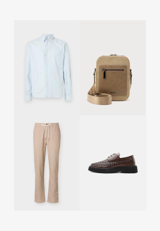 Lichtblauwe overhemdd met witte verticale strepen, klassieke kraag, lange mouwen en twee knoopaccenten op de mouwen.; Beige linnenmix casual broek met elastische tailleband en witte trekkoord, rechte pijpen, geen zichtbare zakken, weergegeven op een witte achtergrond.; Bruine leren veterlaars met geweven details langs de zijkanten en een dikke zwarte plateauzool, getoond in profiel op een witte achtergrond.; Kleine beige crossbodytas met een voorvak met ritssluiting, metalen ALDO-logo, verstelbare brede band en afgeronde rechthoekige vorm op een witte achtergrond.