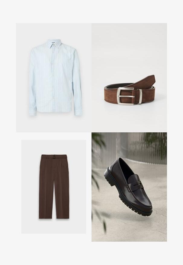 Lichtblauwe overhemdd met witte verticale strepen, klassieke kraag, lange mouwen en twee knoopaccenten op de mouwen.; Bruine broek met een riem, met een hoge taille, geplooide voorkant en zijzakken; gemaakt van gladde, gestructureerde stof.; Bruine leren loafers met een getextureerde, geribbelde rubberen zool. Beschikt over een slank ontwerp en een decoratieve band over de wreef.; Bruine suède riem met een zilveren metalen gesp en een lineaire stikseldetail. De riem is plat en heeft een klassiek formaat en vorm.