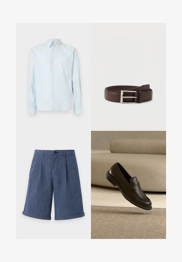 Camisa de botones azul claro con rayas blancas verticales, cuello clásico, mangas largas y dos detalles de botón en las mangas.; Pantalones cortos azules y texturizados con un sutil patrón de rayas, que cuentan con un cierre de un solo botón y dobladillos enrollados.; Un solo mocasín de cuero marrón oscuro flotando sobre una alfombra beige texturizada, con un sofá beige desenfocado al fondo.; Cinturón de cuero marrón oscuro con hebilla rectangular de plata, enrollado ordenadamente sobre un fondo blanco liso.