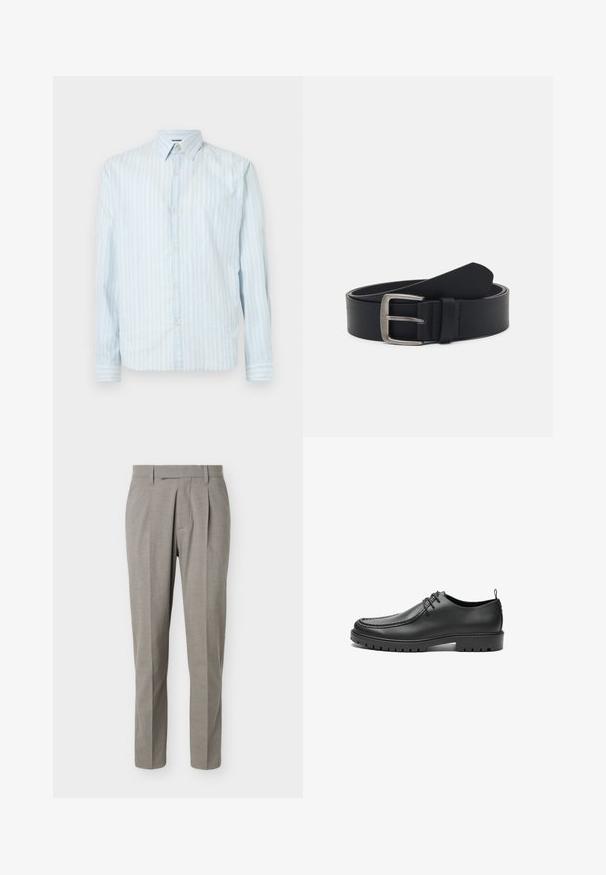 Camisa de botones azul claro con rayas blancas verticales, cuello clásico, mangas largas y dos detalles de botón en las mangas.; Pantalones grises claros a medida con piernas rectas, trabillas para cinturón, pliegues delanteros y una pretina limpia sobre un fondo blanco.; Zapatos de cuero negro con un acabado suave, punta redondeada y costuras decorativas. Cuenta con una suela de goma con surcos para tracción y un diseño de cordones.; Cinturón de cuero negro con hebilla de metal plateado, que presenta un acabado liso y un diseño clásico. El cinturón está enrollado con el extremo apuntando.