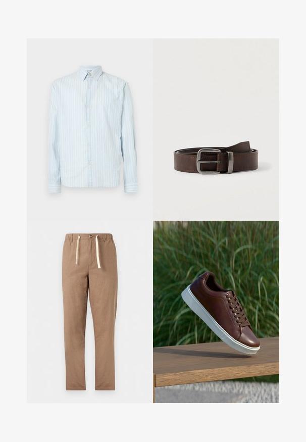 Camisa de botones azul claro con rayas blancas verticales, cuello clásico, mangas largas y dos detalles de botón en las mangas.; Pantalones color marrón claro de pierna recta con cinturilla elástica, cierre de botón y cordones blancos.; Zapatilla de cuero marrón con suela de goma blanca, diseño de cordones, textura suave, punta redondeada y detalles de costura sutiles.; Cinturón de cuero marrón oscuro con hebilla rectangular plateada, enrollado y apoyado sobre un fondo neutro claro.