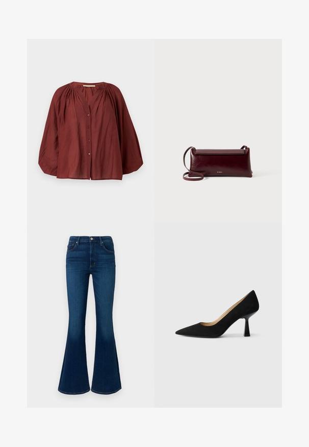 Blouse à manches longues ample de couleur rouille avec épaules froncées et fermeture boutonnée sur le devant, sur fond blanc.; Jean flare bleu foncé taille haute, en denim. Comprend des poches standard, une fermeture à boutons sur le devant et une texture lisse.; Pompe à talons hauts en suède noir avec un bout pointu, dotée d'un talon bloc noir brillant et d'une doublure intérieure lisse.; Sac à bandoulière en cuir bordeaux avec une texture lisse, de forme rectangulaire, fermeture à rabat et une fine sangle réglable. Détail du logo doré visible.