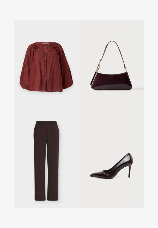 Blouse à manches longues ample de couleur rouille avec épaules froncées et fermeture boutonnée sur le devant, sur fond blanc.; Pantalon droit marron foncé avec passants de ceinture, braguette devant et poches latérales, présenté sur un fond blanc uni.; Chaussure à talon haut en cuir noir à bout pointu avec un talon aiguille fin sur un fond clair uni.; Sac à main en cuir brun foncé brillant avec une bandoulière simple et des détails en métal doré sur un fond uni.