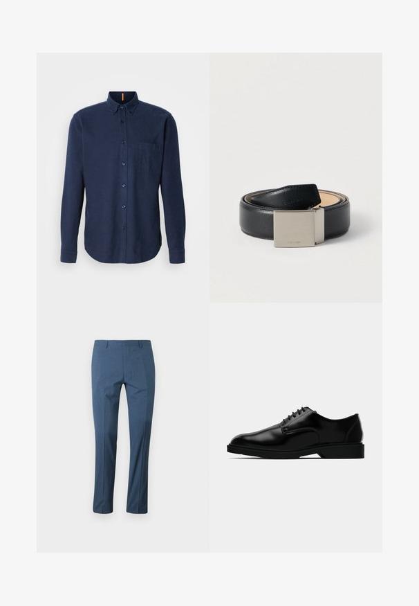 Camisa de botones de manga larga azul marino, hecha de tela texturizada, con un bolsillo en el pecho y un dobladillo redondeado. Detalle del cuello con dos botones.; Pantalones a medida para hombre de color azul con trabillas para cinturón y corte ajustado, mostrados planos sobre un fondo blanco.; Zapato de vestir de cuero negro con un acabado liso, puntera redondeada, diseño de cordones y suela de goma discreta para mayor tracción.; Cinturón de cuero negro con acabado texturizado, presenta una hebilla de metal plateado. La hebilla tiene un diseño minimalista con un logo grabado.